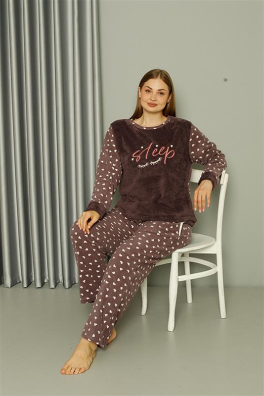 Moda Çizgi Welsoft Polar Kadın Büyük Beden Vizon Pijama Takımı 808046 - 3