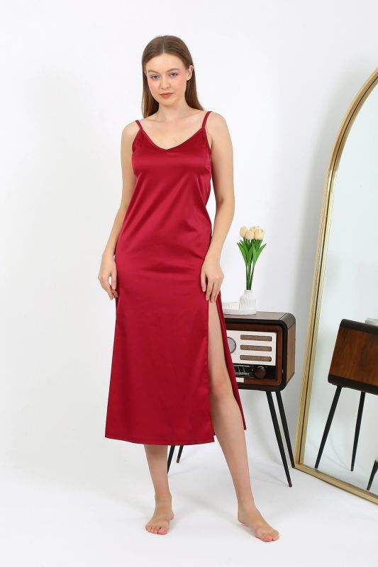 Moda Çizgi Yırtmaçlı Uzun Saten Gecelik Bordo 7410 - 1