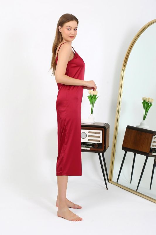 Moda Çizgi Yırtmaçlı Uzun Saten Gecelik Bordo 7410 - 2