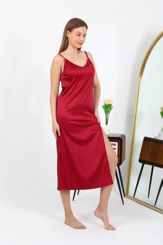 Moda Çizgi Yırtmaçlı Uzun Saten Gecelik Bordo 7410 - 3