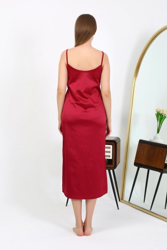 Moda Çizgi Yırtmaçlı Uzun Saten Gecelik Bordo 7410 - 5