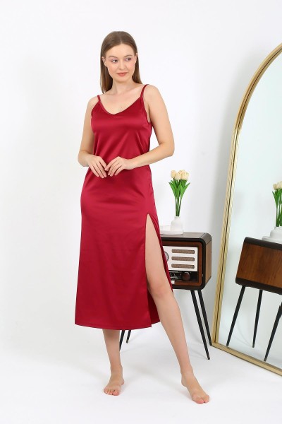 Moda Çizgi Yırtmaçlı Uzun Saten Gecelik Bordo 7410 - Thumbnail
