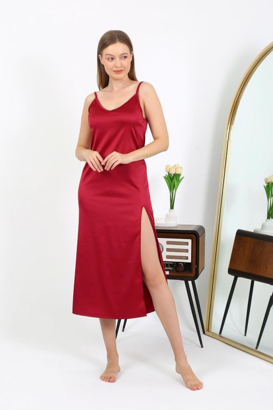 Moda Çizgi Yırtmaçlı Uzun Saten Gecelik Bordo 7410 - 7