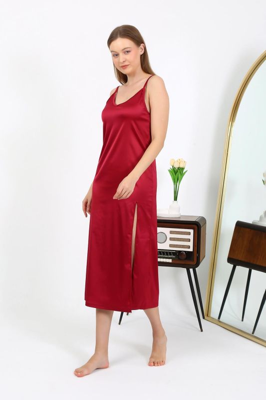 Moda Çizgi Yırtmaçlı Uzun Saten Gecelik Bordo 7410 - 8