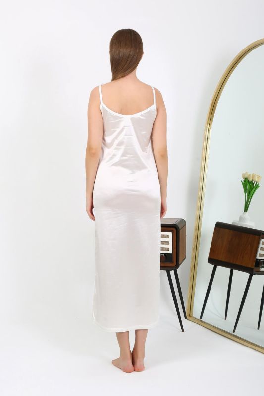 Moda Çizgi Yırtmaçlı Uzun Saten Gecelik Ekru 7410 - 4