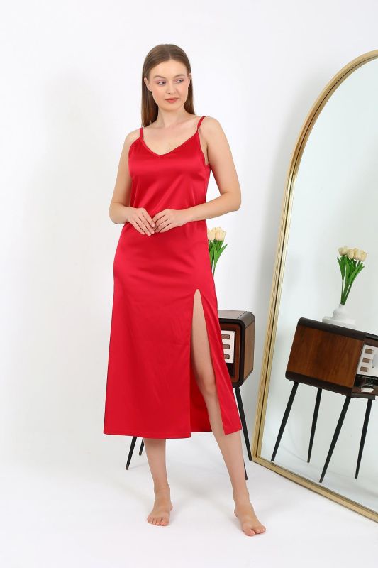 Moda Çizgi Yırtmaçlı Uzun Saten Gecelik Kırmızı 7410 - 1