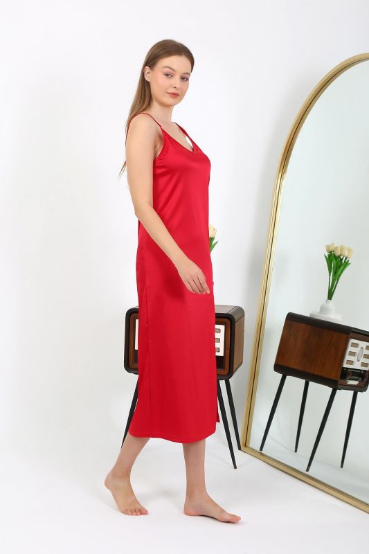 Moda Çizgi Yırtmaçlı Uzun Saten Gecelik Kırmızı 7410 - 2