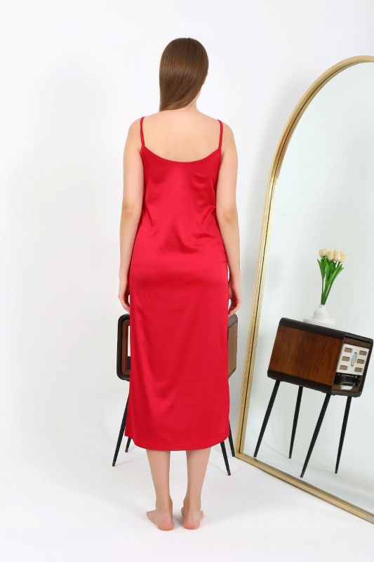 Moda Çizgi Yırtmaçlı Uzun Saten Gecelik Kırmızı 7410 - 4