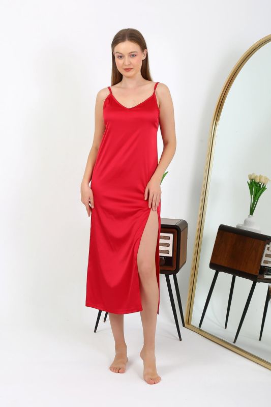 Moda Çizgi Yırtmaçlı Uzun Saten Gecelik Kırmızı 7410 - 5
