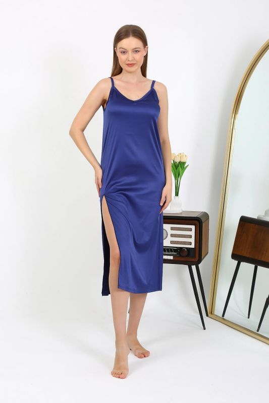 Moda Çizgi Yırtmaçlı Uzun Saten Gecelik Lacivert 7410 - 2