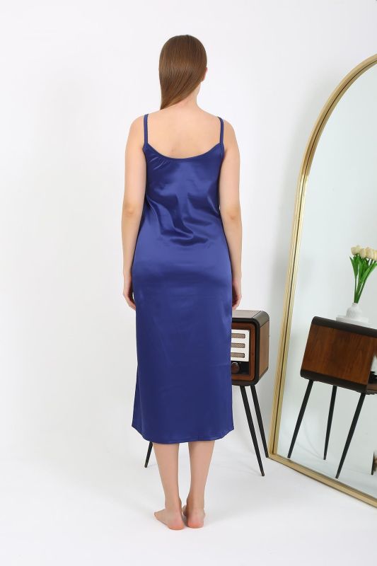 Moda Çizgi Yırtmaçlı Uzun Saten Gecelik Lacivert 7410 - 4