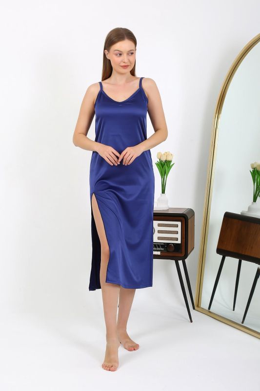 Moda Çizgi Yırtmaçlı Uzun Saten Gecelik Lacivert 7410 - 5