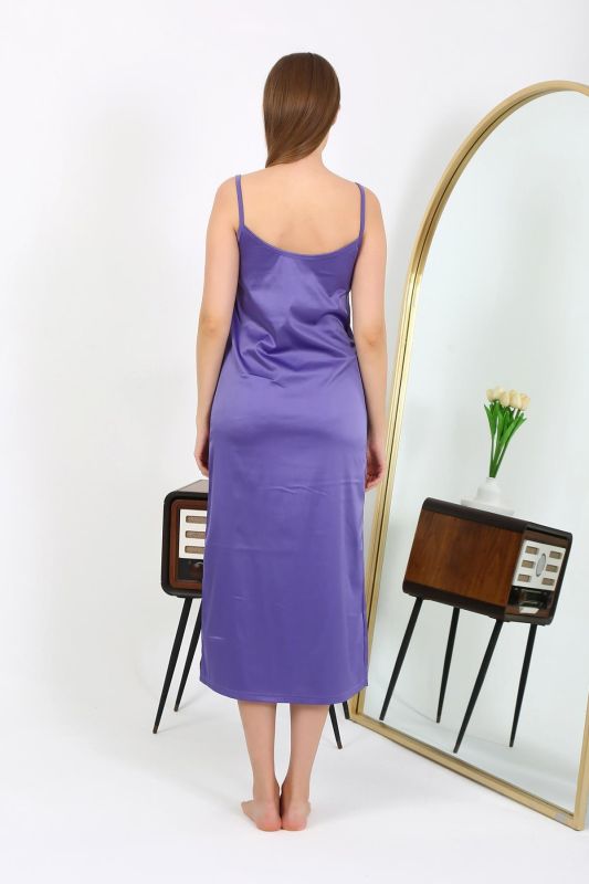 Moda Çizgi Yırtmaçlı Uzun Saten Gecelik Mor 7410 - 5