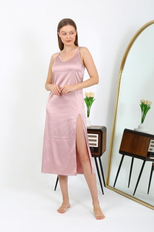Moda Çizgi Yırtmaçlı Uzun Saten Gecelik Pudra 7410 - 1