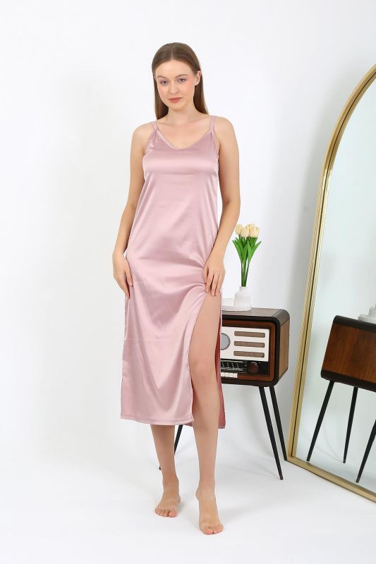 Moda Çizgi Yırtmaçlı Uzun Saten Gecelik Pudra 7410 - 2
