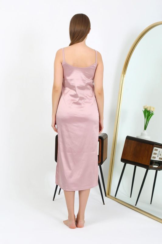 Moda Çizgi Yırtmaçlı Uzun Saten Gecelik Pudra 7410 - 5