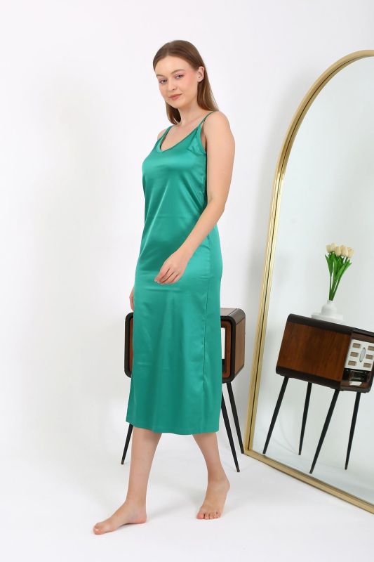 Moda Çizgi Yırtmaçlı Uzun Saten Gecelik Zümrüt 7410 - 2