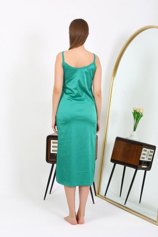 Moda Çizgi Yırtmaçlı Uzun Saten Gecelik Zümrüt 7410 - 4