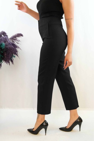 Moda Çizgi Yüksek Bel Pantolon Siyah - Thumbnail