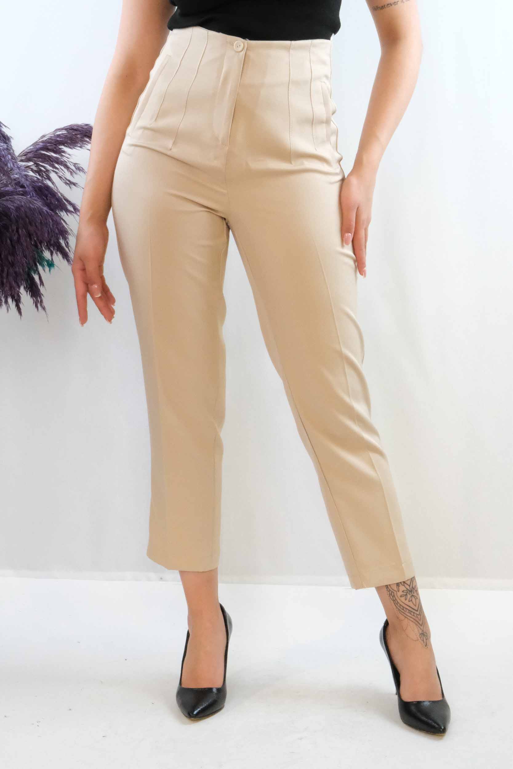 Moda Çizgi Yüksek Bel Pantolon Taş - 36
