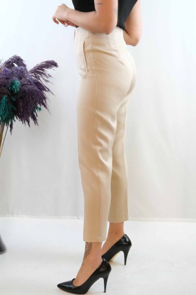 Moda Çizgi Yüksek Bel Pantolon Taş - Thumbnail