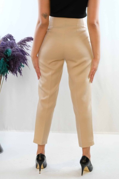 Moda Çizgi Yüksek Bel Pantolon Taş - Thumbnail