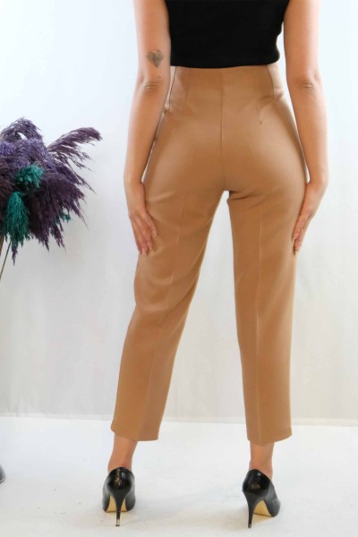 Moda Çizgi Yüksek Bel Pantolon Vizon - Thumbnail