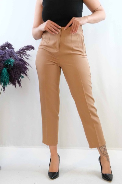 Moda Çizgi Yüksek Bel Pantolon Vizon - Thumbnail