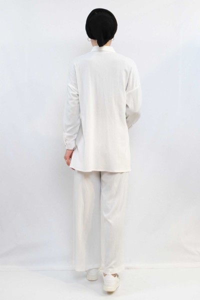 Moda Çizgi Zincir Aksesuarlı İkili Takım Beyaz - Thumbnail