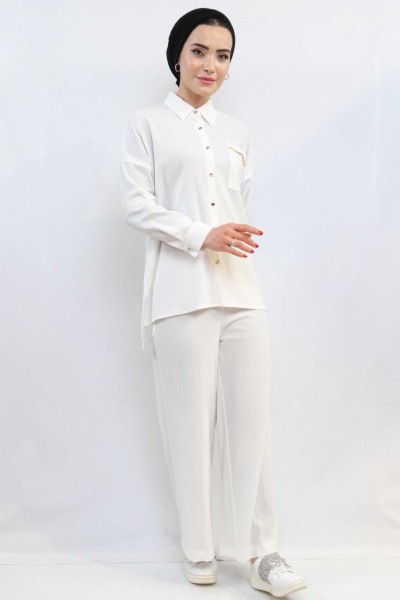 Moda Çizgi Zincir Aksesuarlı İkili Takım Beyaz - Thumbnail