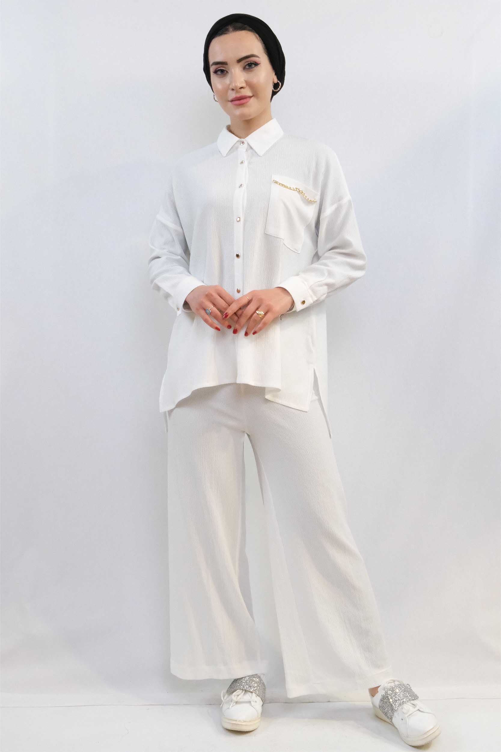 Moda Çizgi Zincir Aksesuarlı İkili Takım  Beyaz - 38 | Beyaz