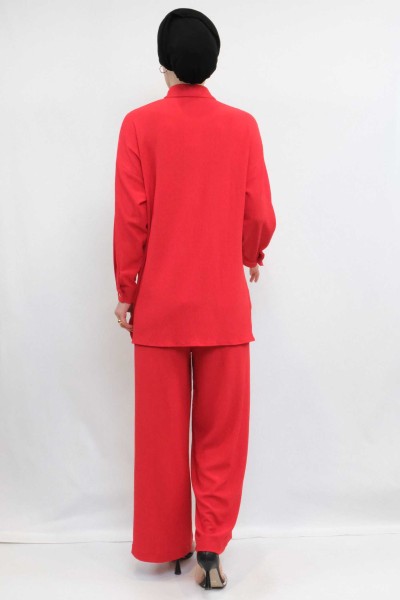 Moda Çizgi Zincir Aksesuarlı İkili Takım Kırmızı - Thumbnail