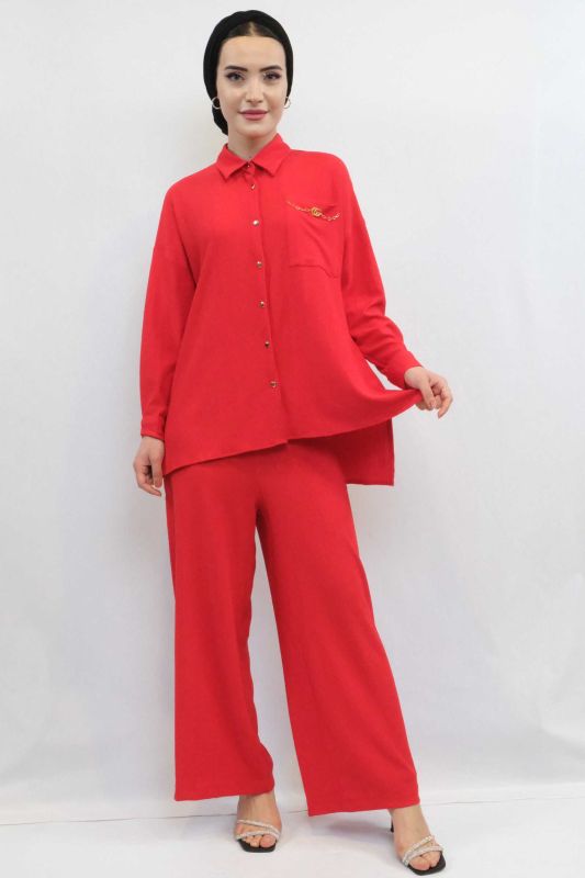 Moda Çizgi Zincir Aksesuarlı İkili Takım Kırmızı - 3
