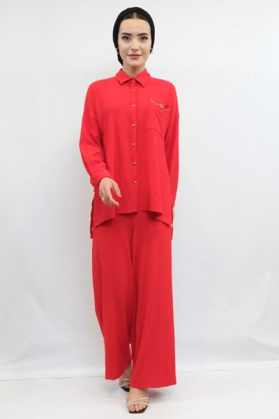 Moda Çizgi Zincir Aksesuarlı İkili Takım Kırmızı - Thumbnail