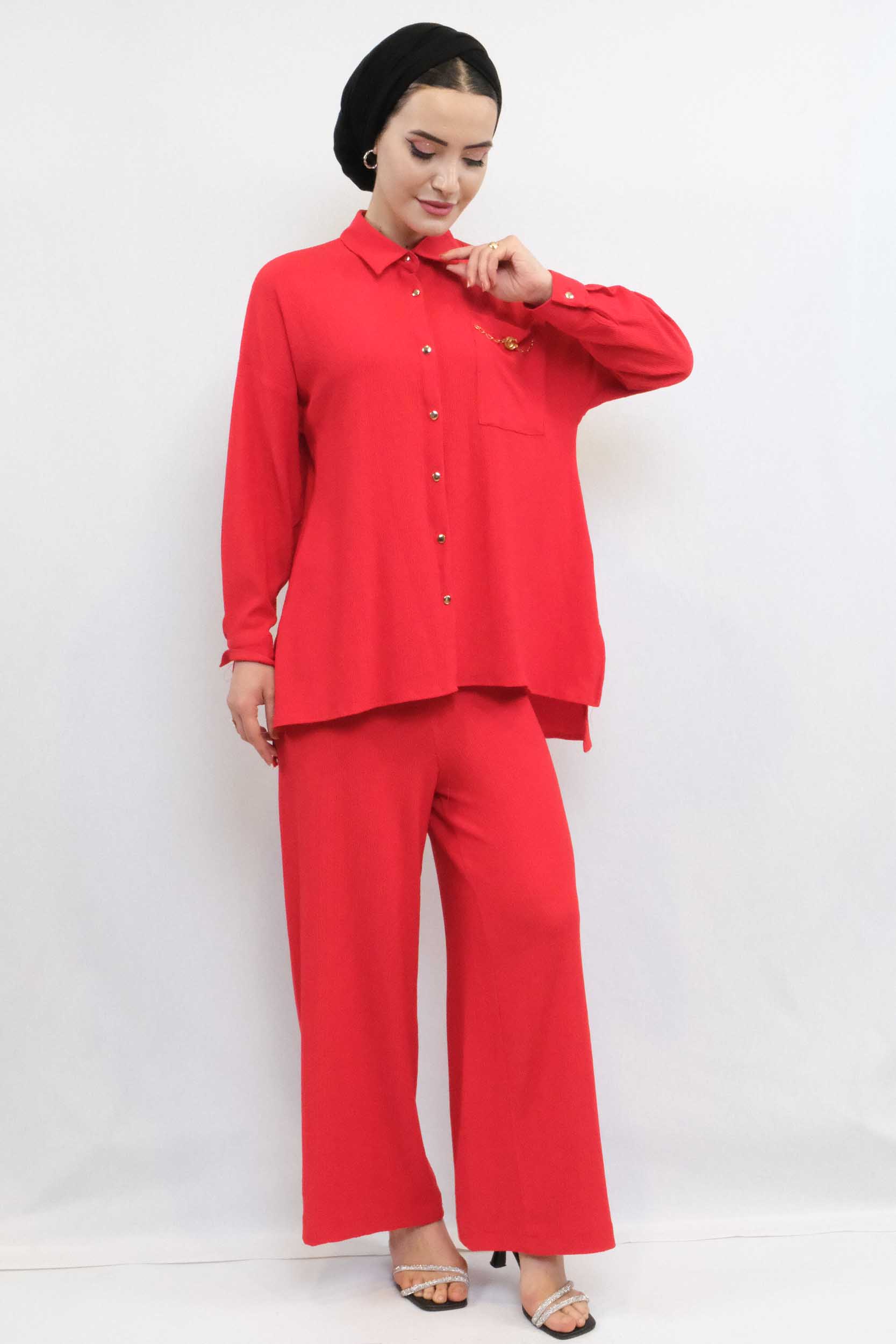 Moda Çizgi Zincir Aksesuarlı İkili Takım  Kırmızı - 36 | Kırmızı