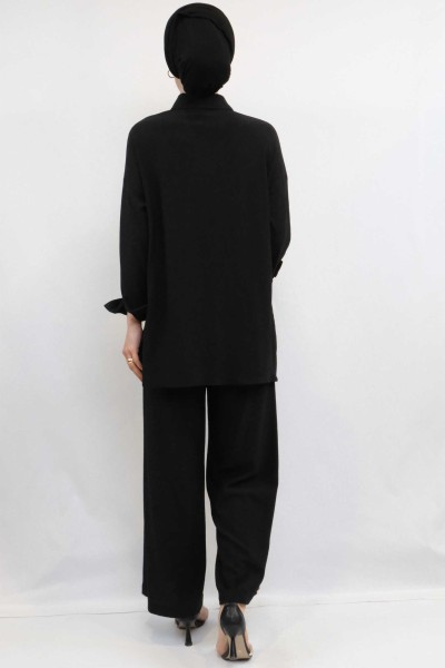 Moda Çizgi Zincir Aksesuarlı İkili Takım Siyah - Thumbnail