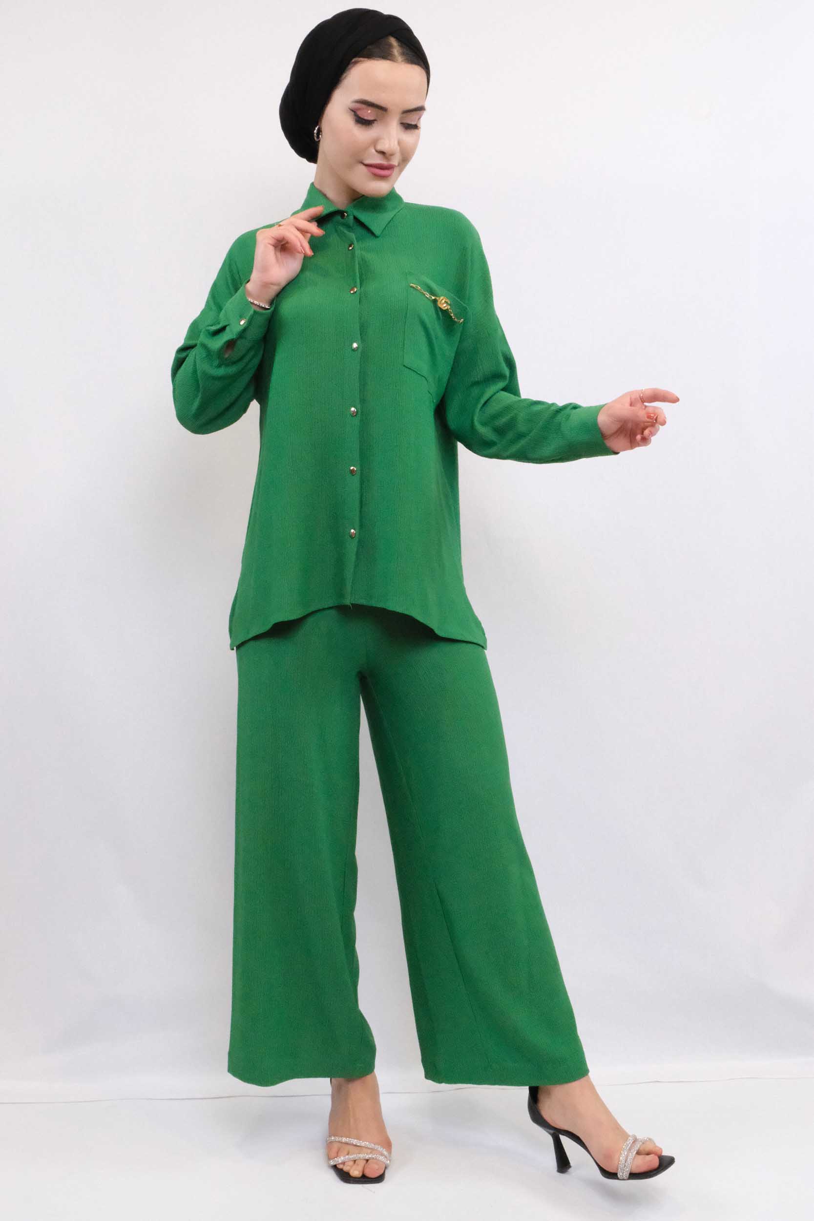 Moda Çizgi Zincir Aksesuarlı İkili Takım Yeşil - 38 | Yeşil