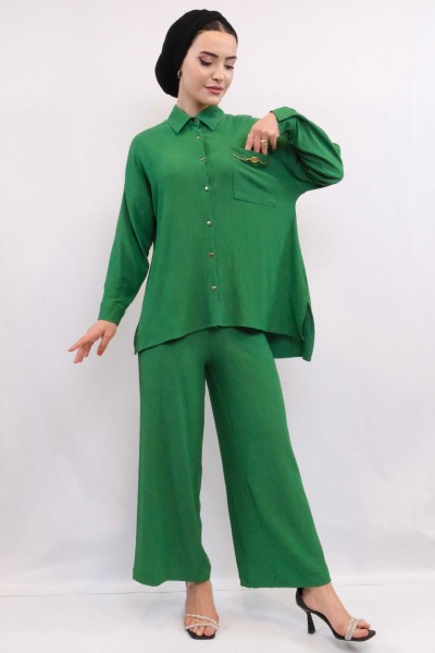 Moda Çizgi Zincir Aksesuarlı İkili Takım Yeşil - Thumbnail