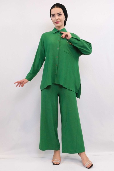 Moda Çizgi Zincir Aksesuarlı İkili Takım Yeşil - Thumbnail