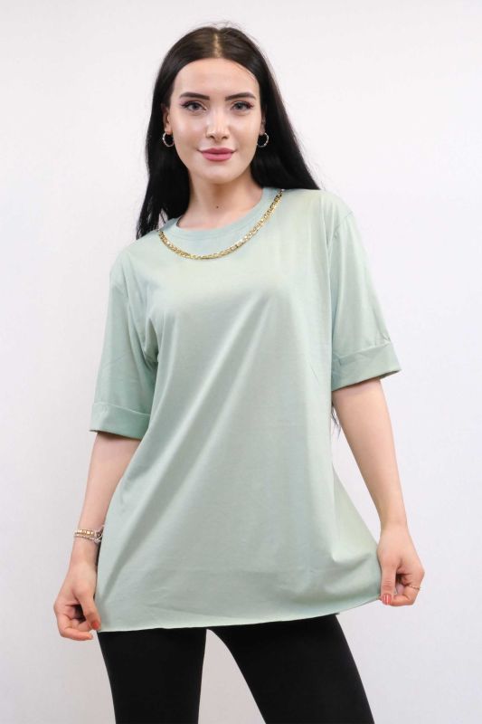 Moda Çizgi Zincir Aksesuarlı Tshirt Mint - 1