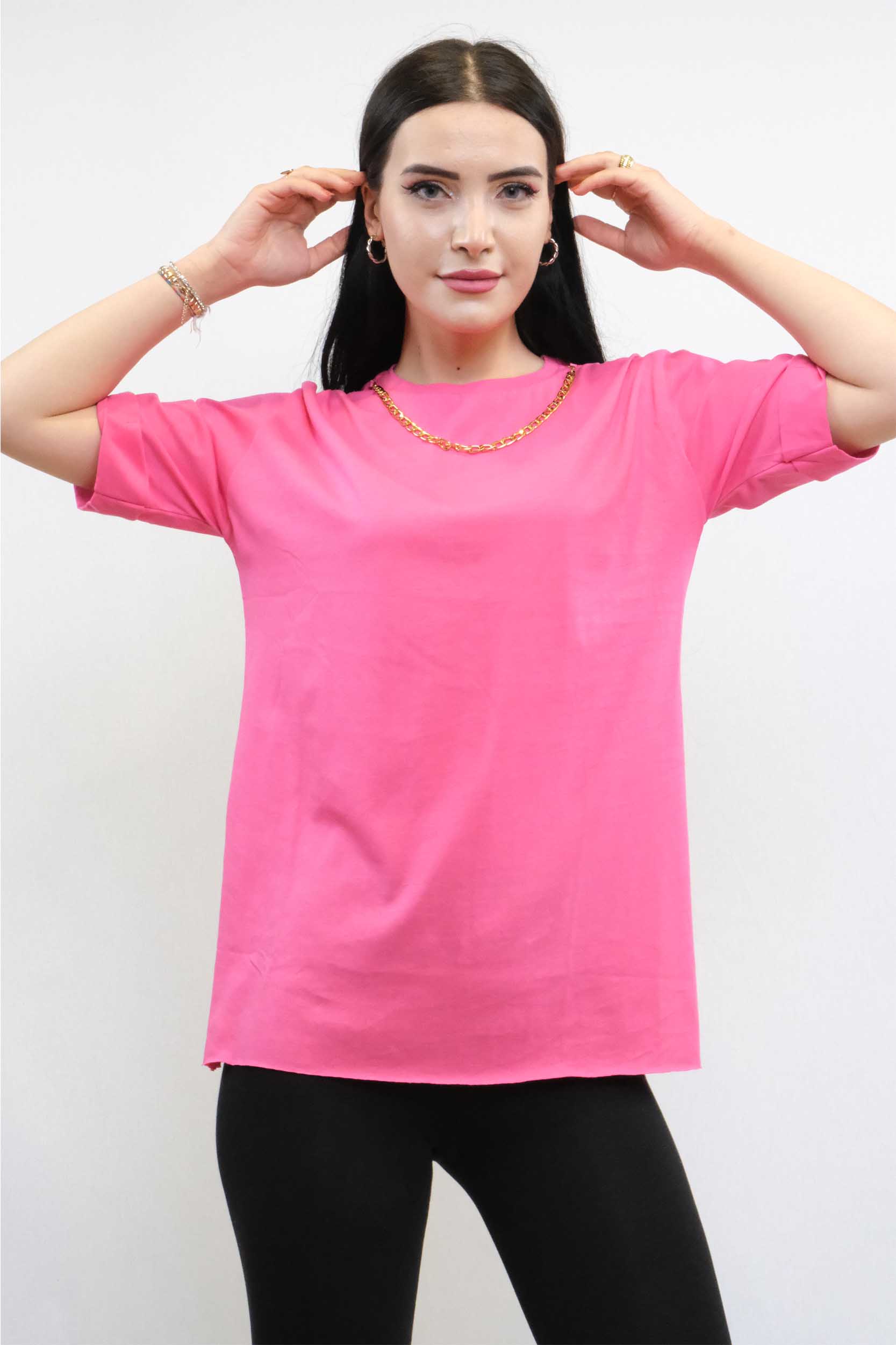 Moda Çizgi Zincir Aksesuarlı Tshirt Pembe - S | Pembe