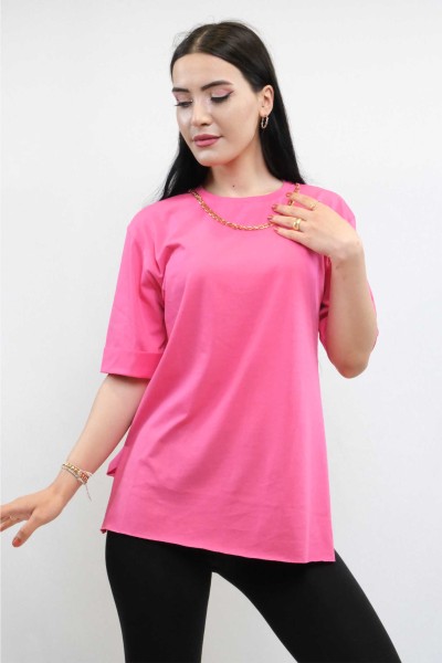 Moda Çizgi Zincir Aksesuarlı Tshirt Pembe - Thumbnail