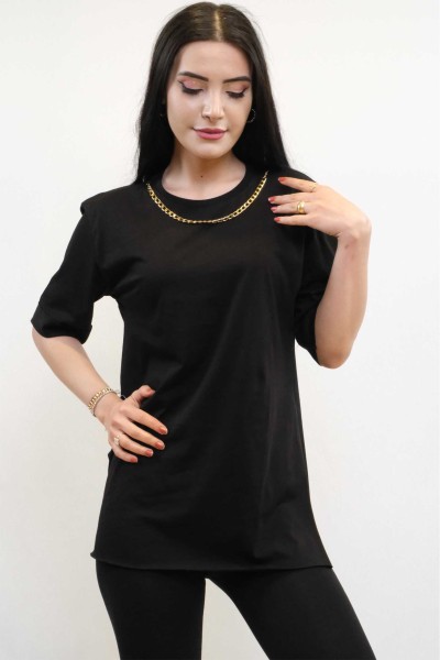 Moda Çizgi Zincir Aksesuarlı Tshirt Siyah - Thumbnail
