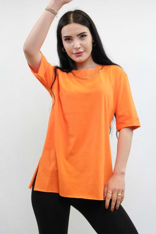 Moda Çizgi Zincir Aksesuarlı Tshirt Turuncu - 1