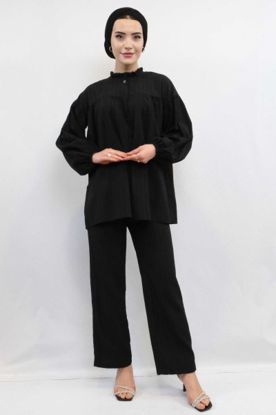 Moda Çizgi - Moda Çizgili Robalı İkili Takım Siyah