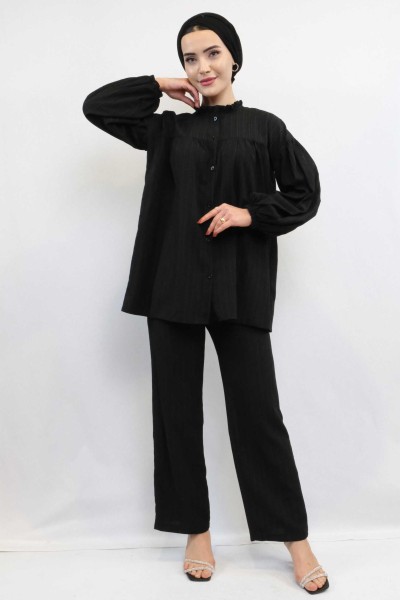 Moda Çizgili Robalı İkili Takım Siyah - Thumbnail