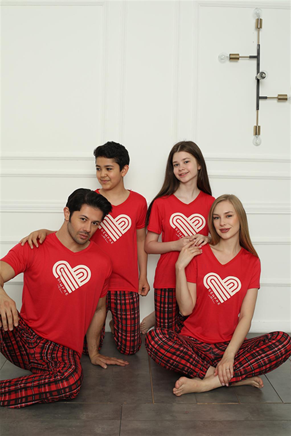 Moda Çizgi Aile Penye Pijama Takım (anne - kız ) 50114 Ayrı Ayrı Satılır . Fiyatları Farklıdır - 3-4 | Kırmızı Kadın