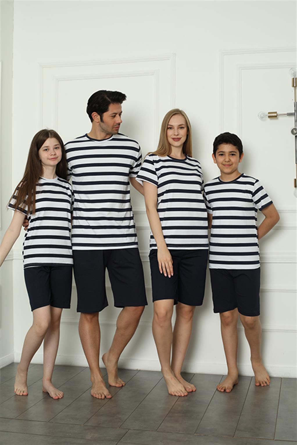 Moda Çizgi Aile Penye Şortlu Pijama Takım (anne - kız ) 50116 Ayrı Ayrı Satılır . Fiyatları Farklıdır - 3-4 | Lacivert Kadın