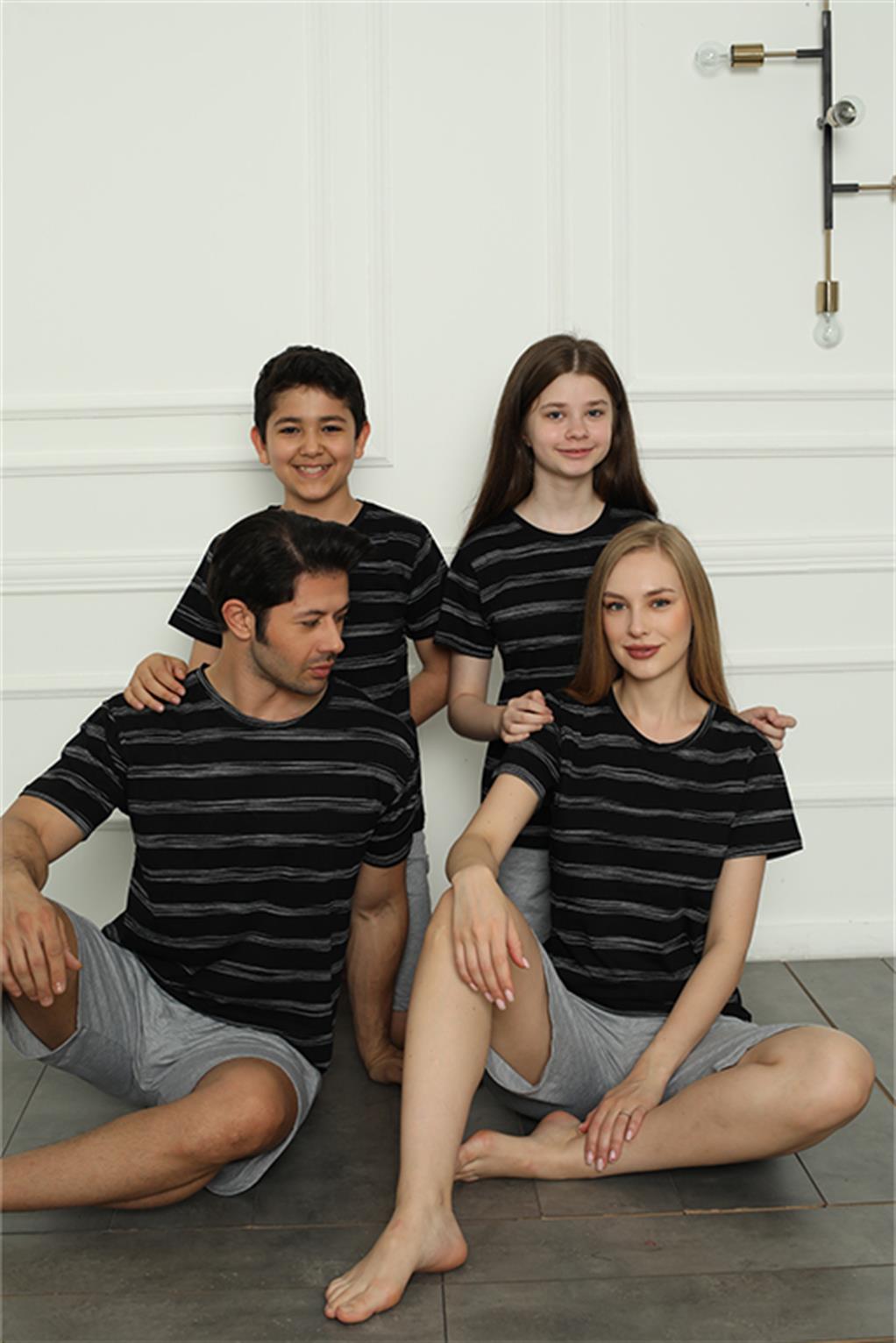 Moda Çizgi Aile Penye Şortlu Pijama Takım (baba - oğul ) 50115 Ayrı Ayrı Satılır . Fiyatları Farklıdır - 9-10 | Siyah Erkek