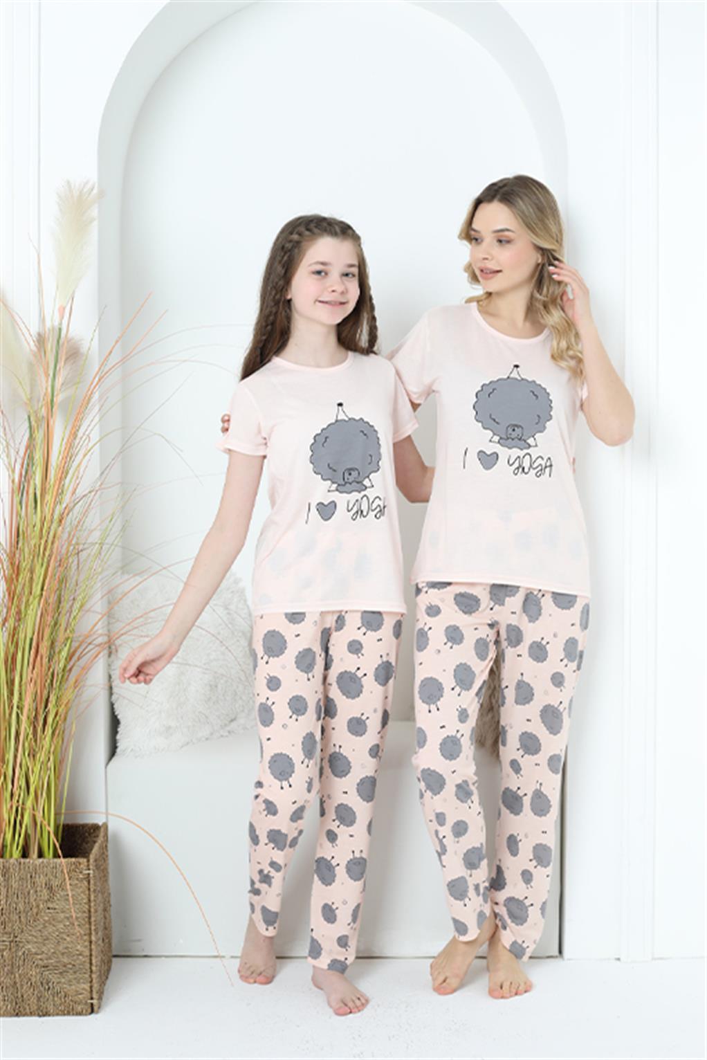 Moda Çizgi Anne Kız Aile I Love Yoga Pijama Takım Ayrı Ayrı Satılır 50101 - 6 | Pudra